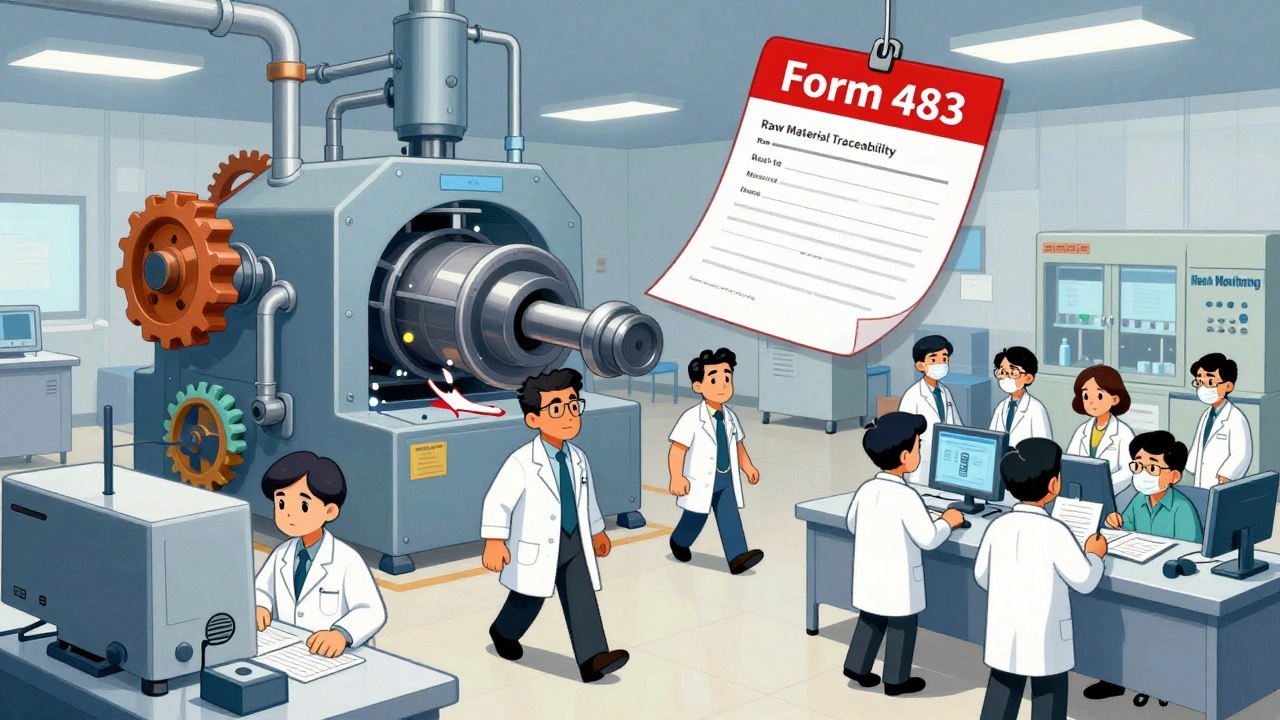 FDA inspectors inspecting a foreign drug factory with a Form 483 notice floating nearby.