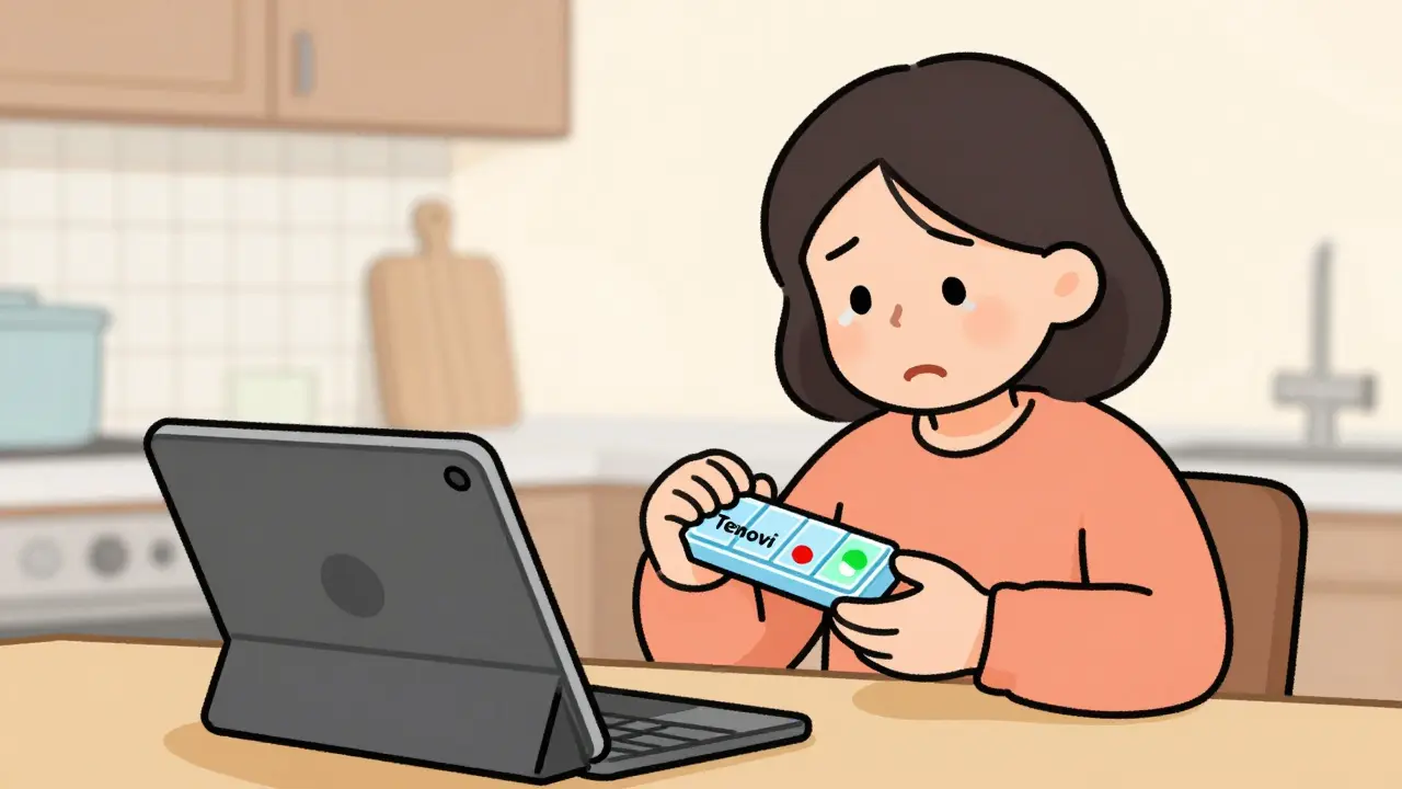 Grandmother and daughter connected via video call, with a smart pillbox showing a green light.