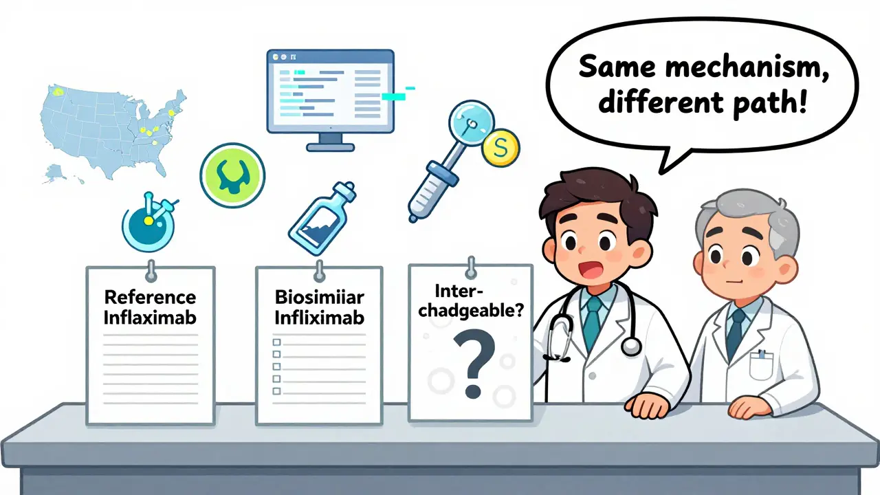 Healthcare providers discussing biosimilar vs reference product charts with immunogenicity and EHR icons floating nearby.