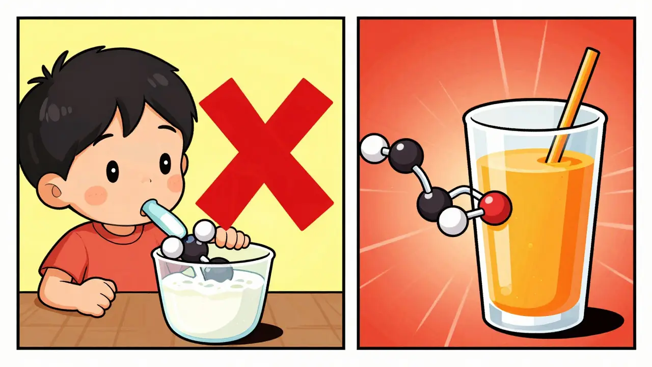 Iron supplement blocked by milk vs. helped by orange juice in comic panels.