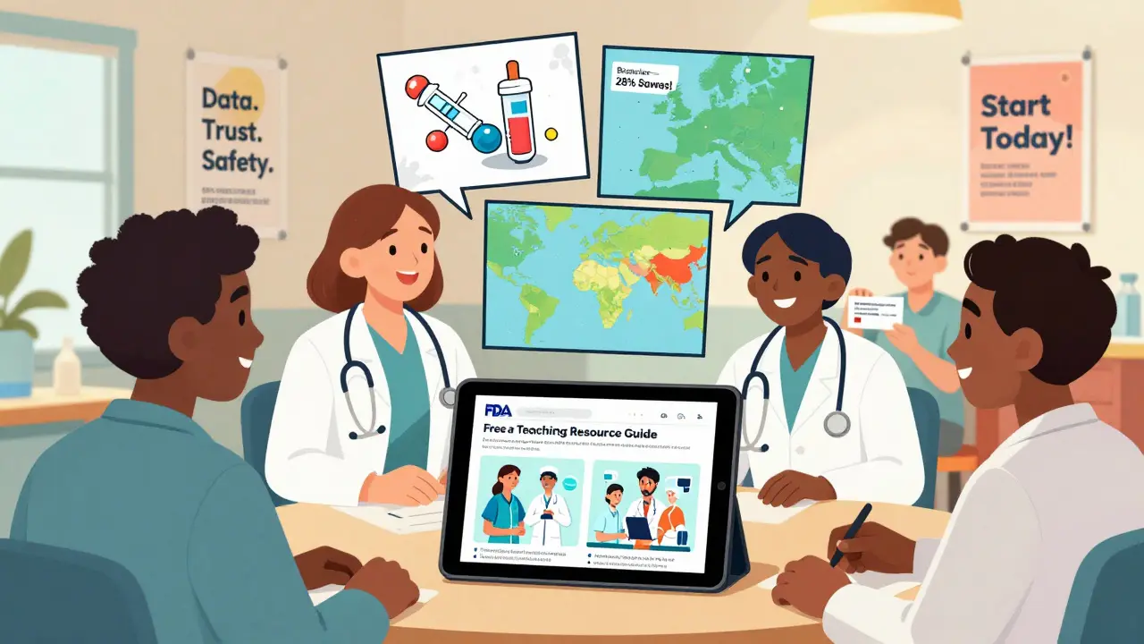 Medical team learning about biosimilars from FDA educational guide on a tablet, with global data and savings shown in cartoons.
