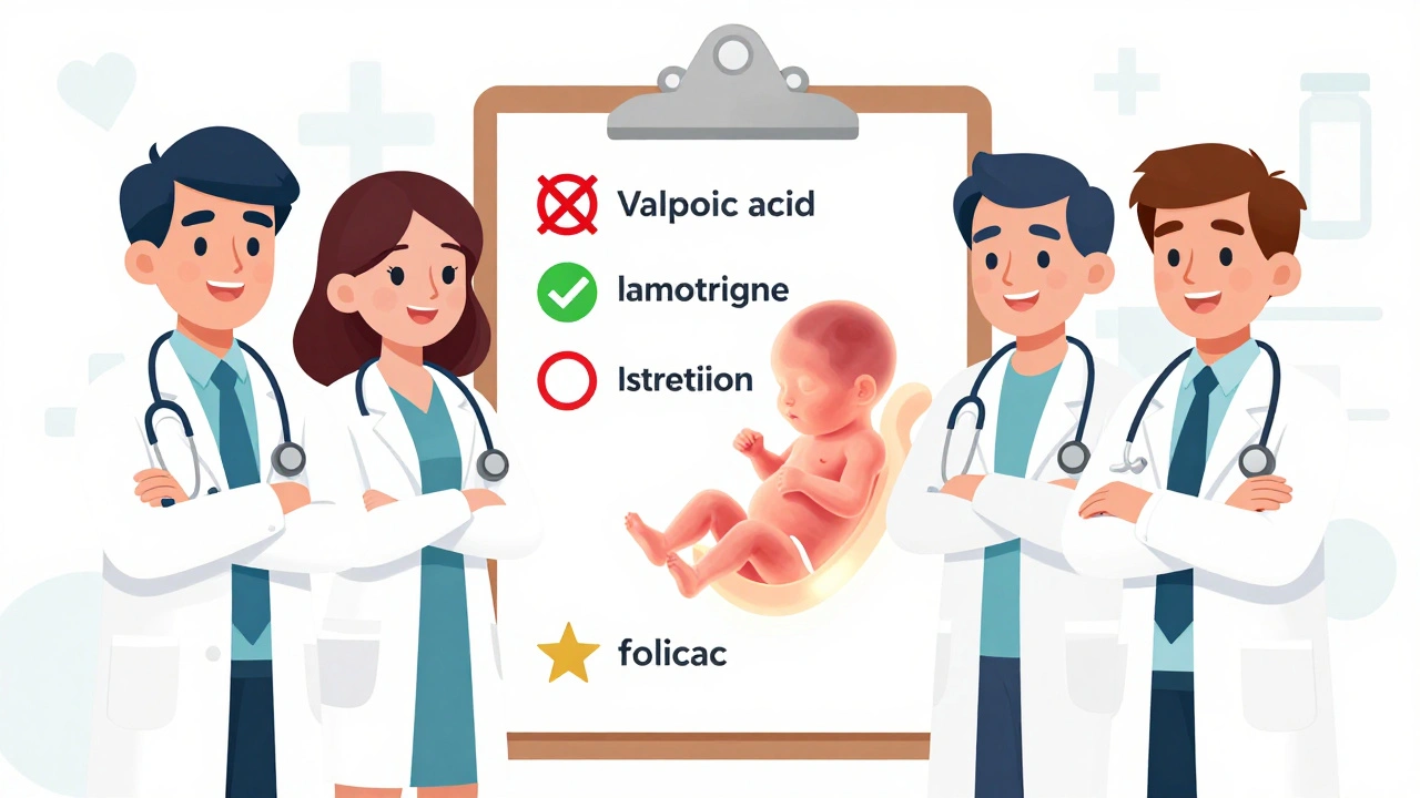 Medical team reviewing medication checklist with fetal silhouette