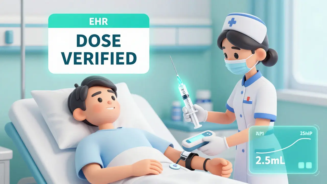 Nurse scanning medication and wristband at bedside with digital dose verification alert displayed.