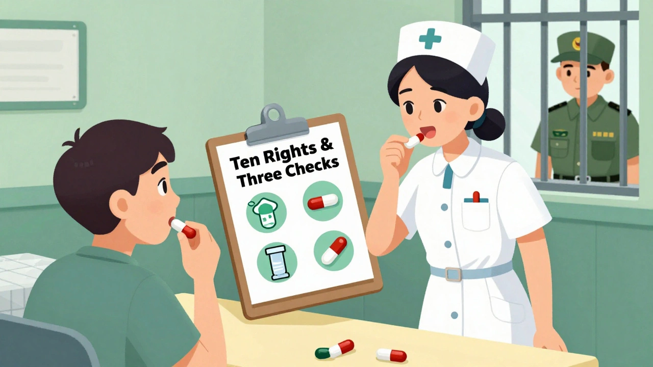 Nurse watches patient swallow pill in prison, with hidden pills and checklist visible.
