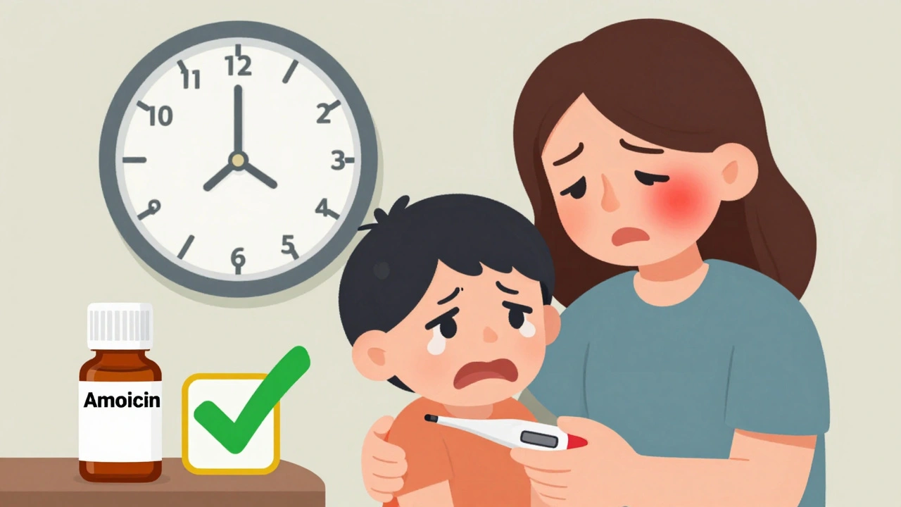 Parent holding a feverish child with medications and a 72-hour clock in the background.
