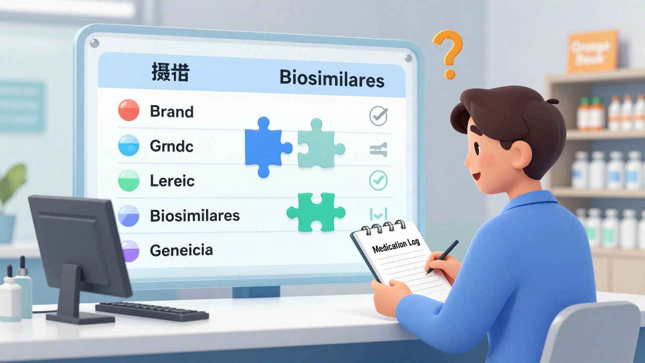 Patient and pharmacist discuss medication log beside a chart comparing brand and generic drugs.