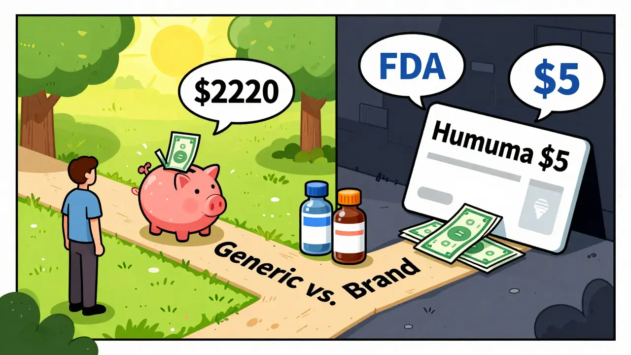 Patient at crossroads: one path leads to savings with generic drug, other to hidden costs with brand-name co-pay card.