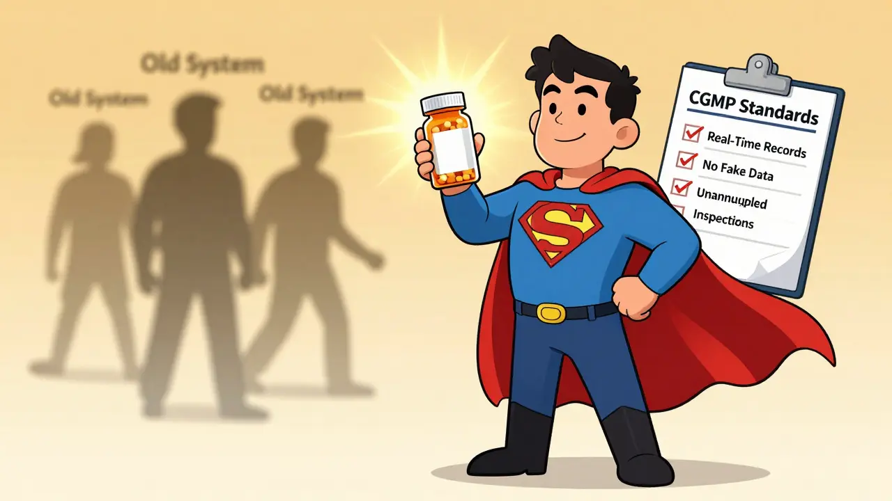 Patient holds generic pill bottle with safety checklist as outdated practices fade away.