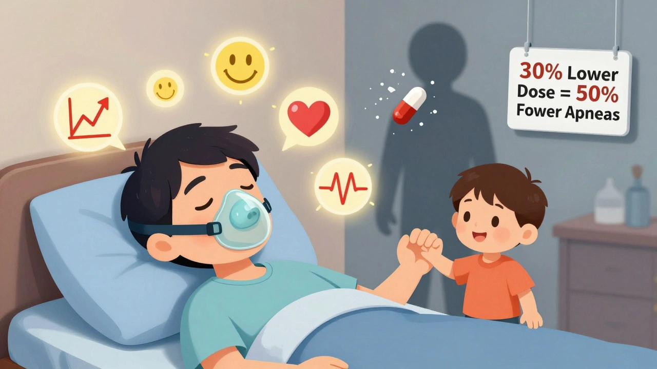 Patient sleeping peacefully with CPAP, oxygen levels rising, opioid pill crumbling away.