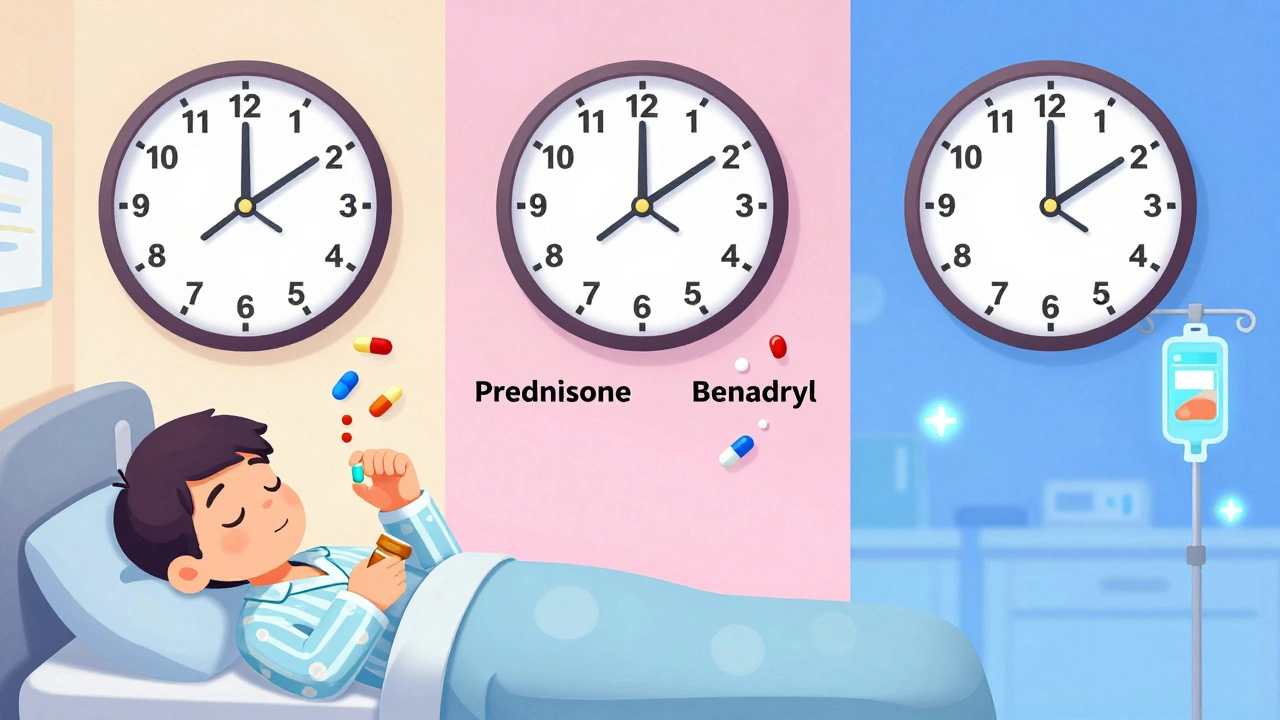 Patient taking premedication pills at three timed intervals, with clocks and IV bags showing 13-hour and 5-hour protocols.