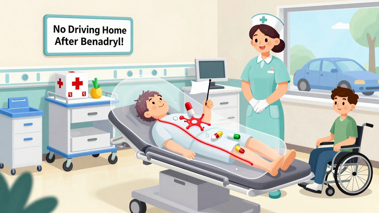 Patient undergoing CT scan with immune system calming, crash cart visible, friend waiting outside with wheelchair.