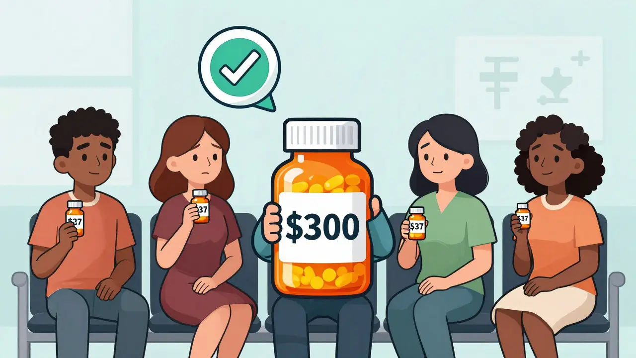Patients hold pill bottles with contrasting prices, with a floating FDA approval badge above.