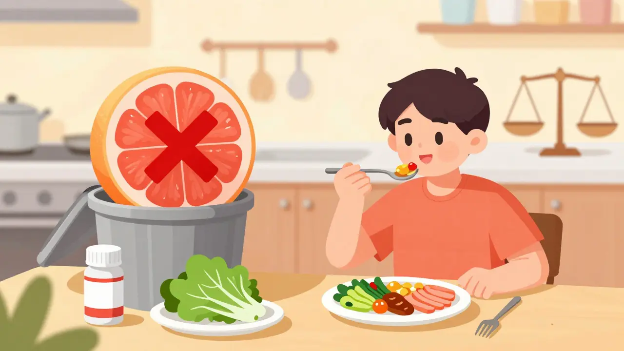 Person eating healthy meal while grapefruit and greens are shown with medical symbols nearby.