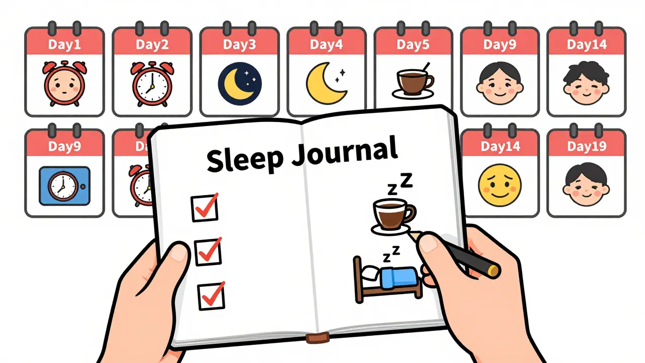 Person holding sleep journal with checkmarks for wake time, dark room, no caffeine, and calendar showing improvement over 14 days.