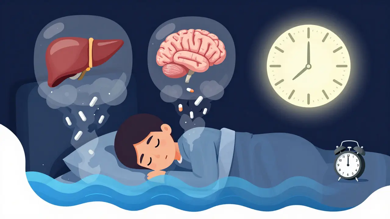 Person sleeping peacefully with liver and clock icons processing medication efficiently.
