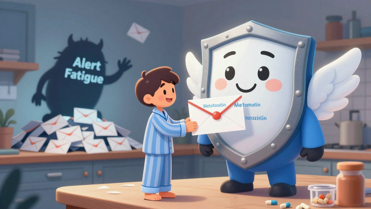 Person smiling as FDA shield delivers personalized alert email, while alert fatigue monster shrinks.