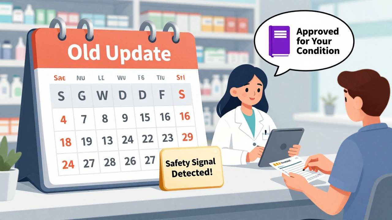 Pharmacist checking updated FDA drug safety data with a warning alert on screen.