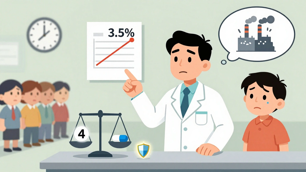 Pharmacist explains generic drugs using floating visual metaphors like a cost scale and FDA shield in a cartoon pharmacy.