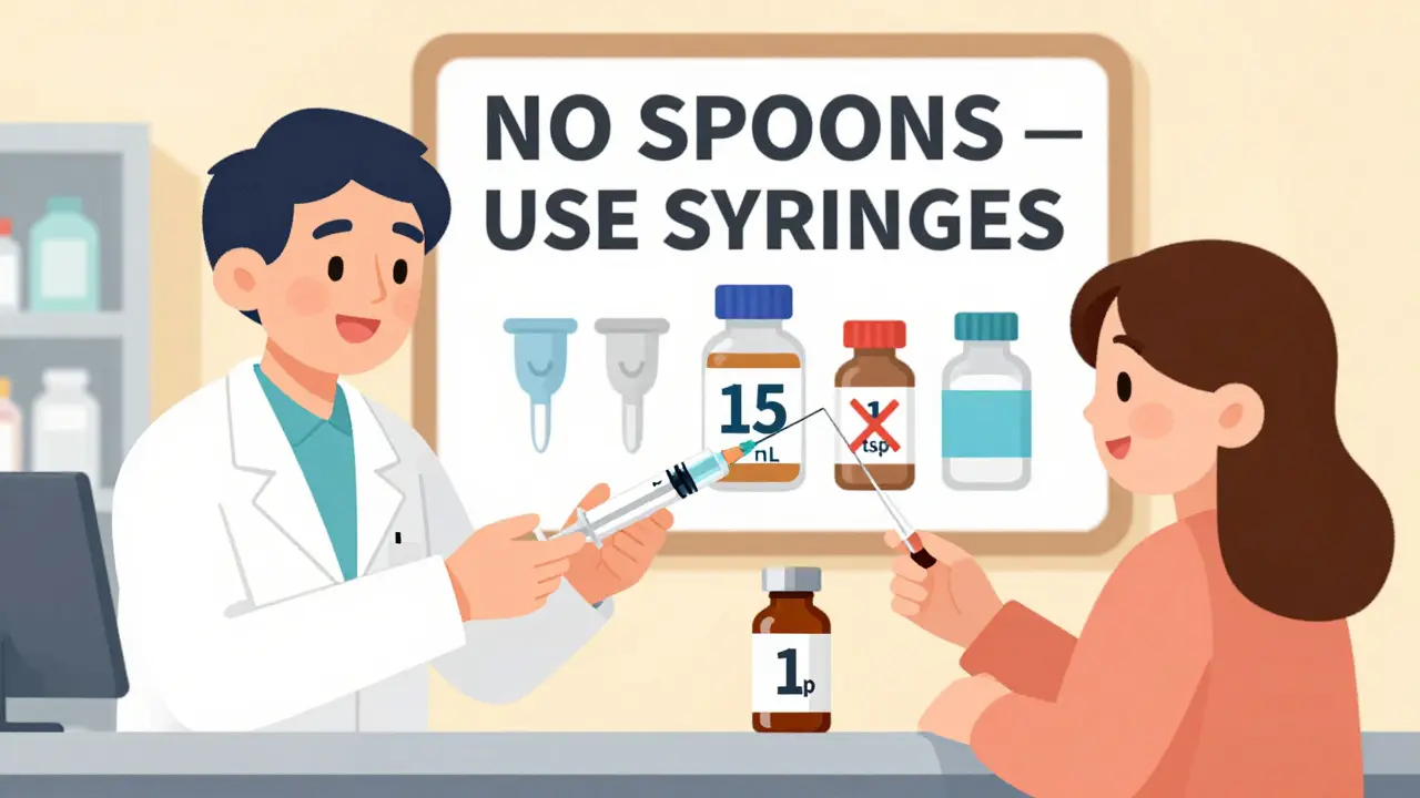 Pharmacist handing an oral syringe to a caregiver with clear mL labeling on the medicine bottle.