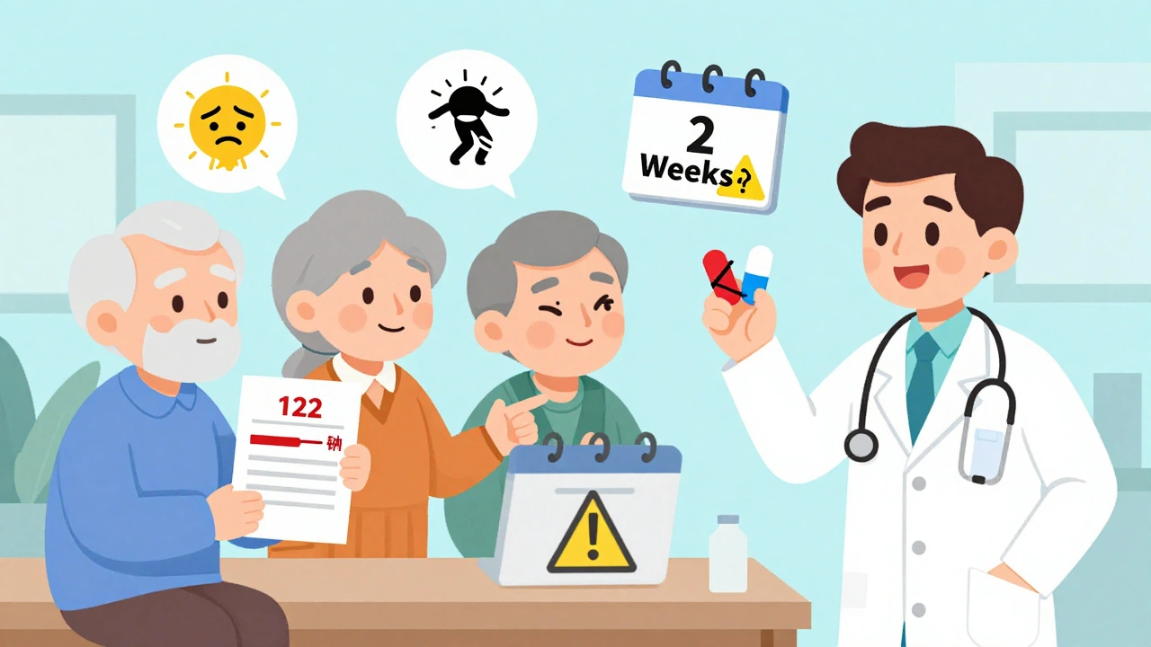 Seniors in doctor&#039;s office with blood test showing low sodium and safer medication option.