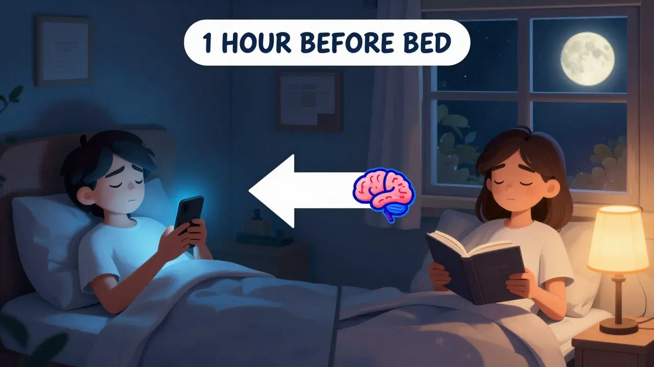 Split cartoon scene: stressed person on phone at night vs. calm person reading before bed.