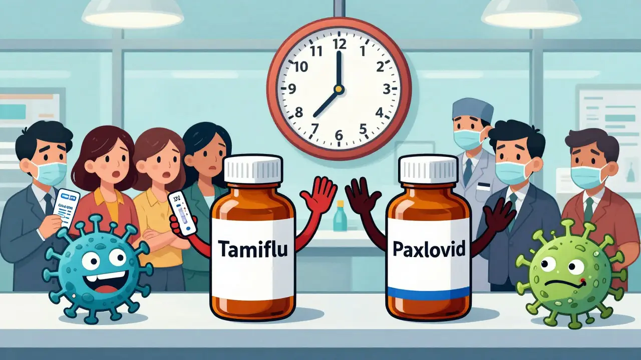 Superhero-style antiviral bottles on a pharmacy shelf with patients holding test kits and a ticking clock.