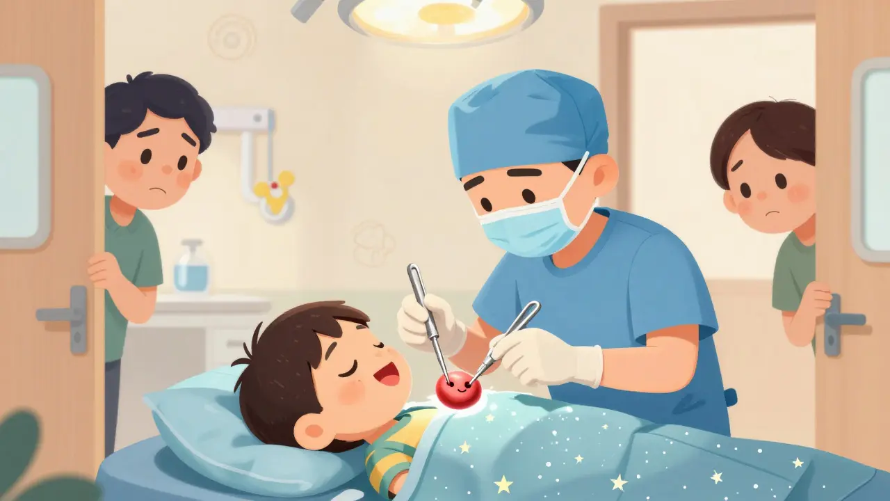 Surgeon performing partial tonsillectomy on sleeping child in cartoon medical setting