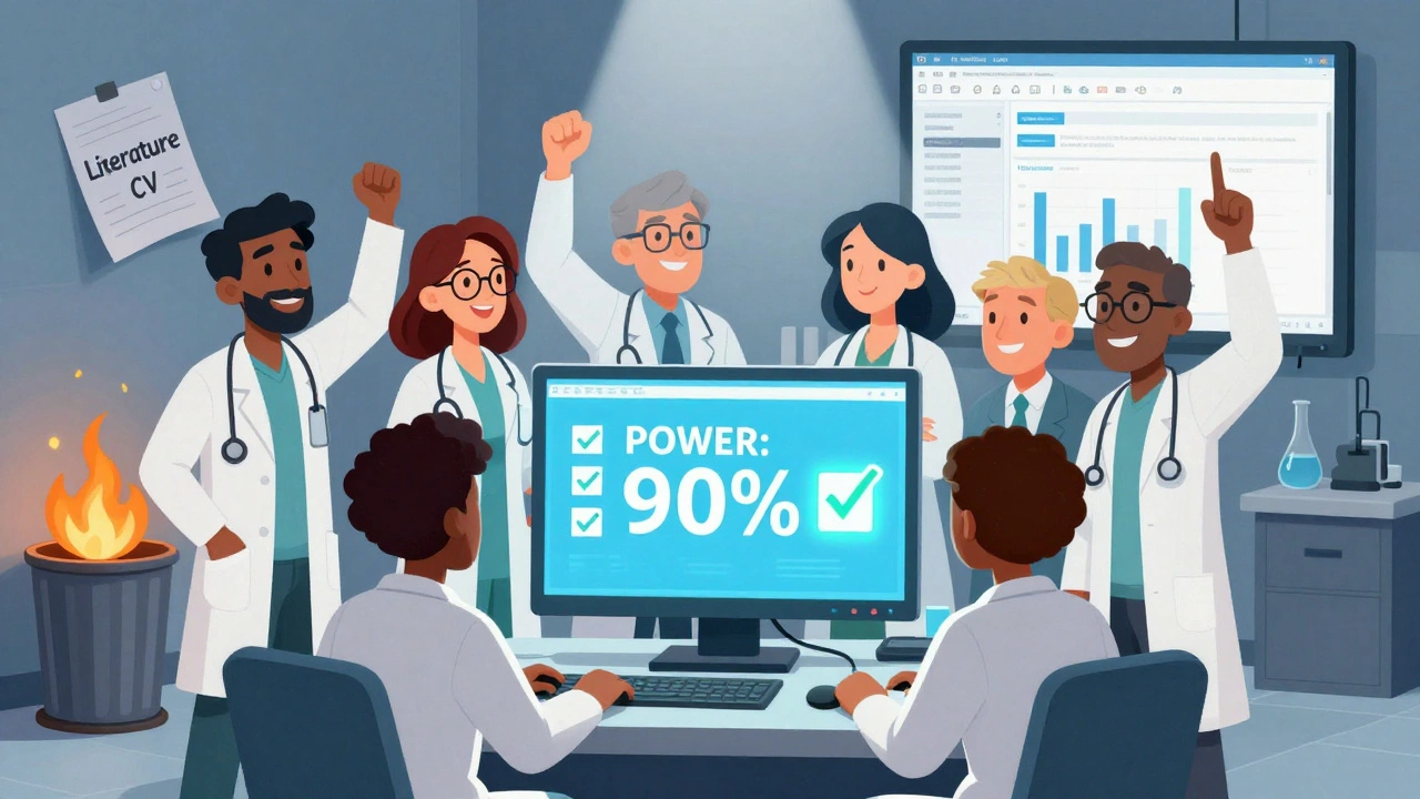 Team celebrating successful power calculation with checklist and software screen visible.