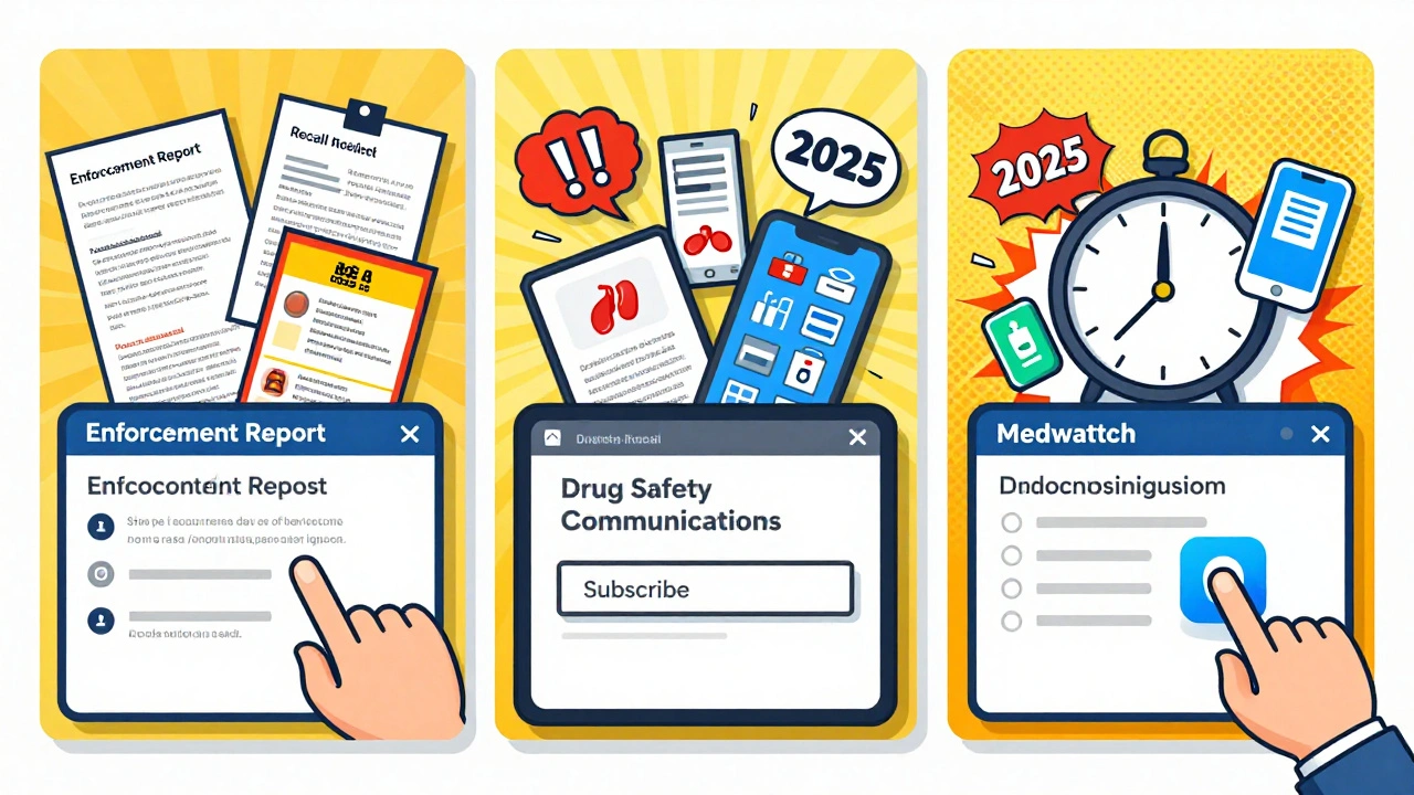 Three email inboxes bursting with different types of FDA safety alerts, hand clicking subscribe.