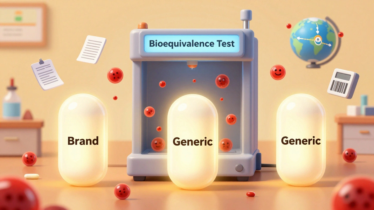 Three pill batches glowing equally as they pass through a bioequivalence testing machine.