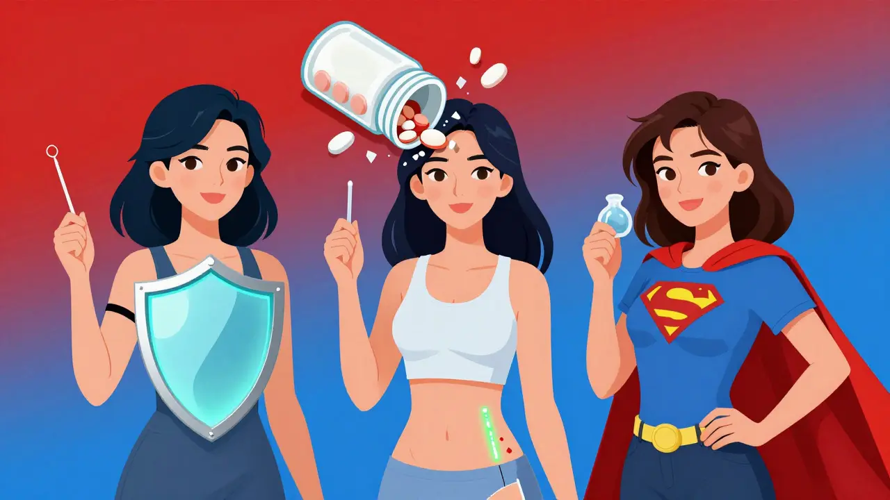 Three women with safe contraceptives as shields, crumbling pill bottle in background, cartoon style