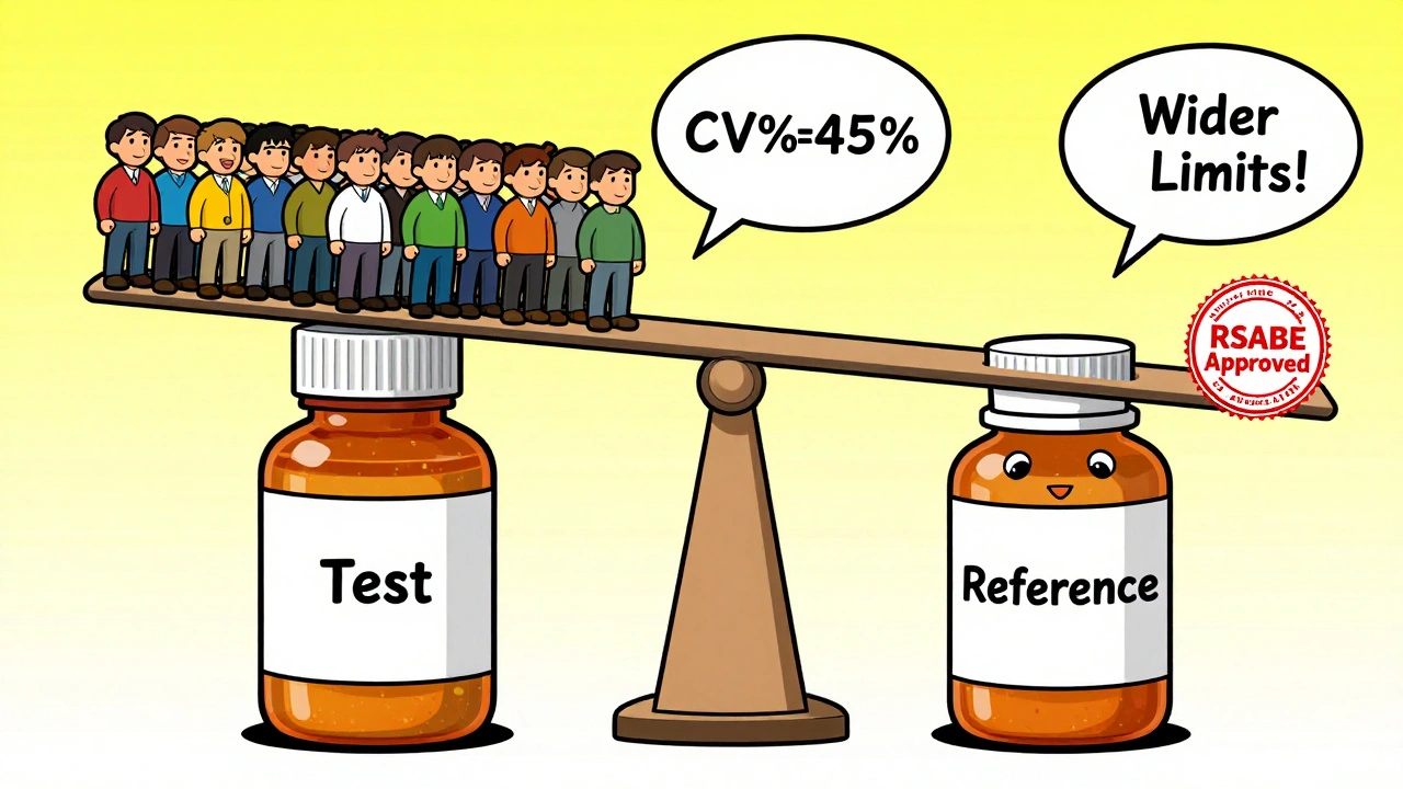 Two drug bottles on a seesaw scale, one with many people, one with few, labeled RSABE.