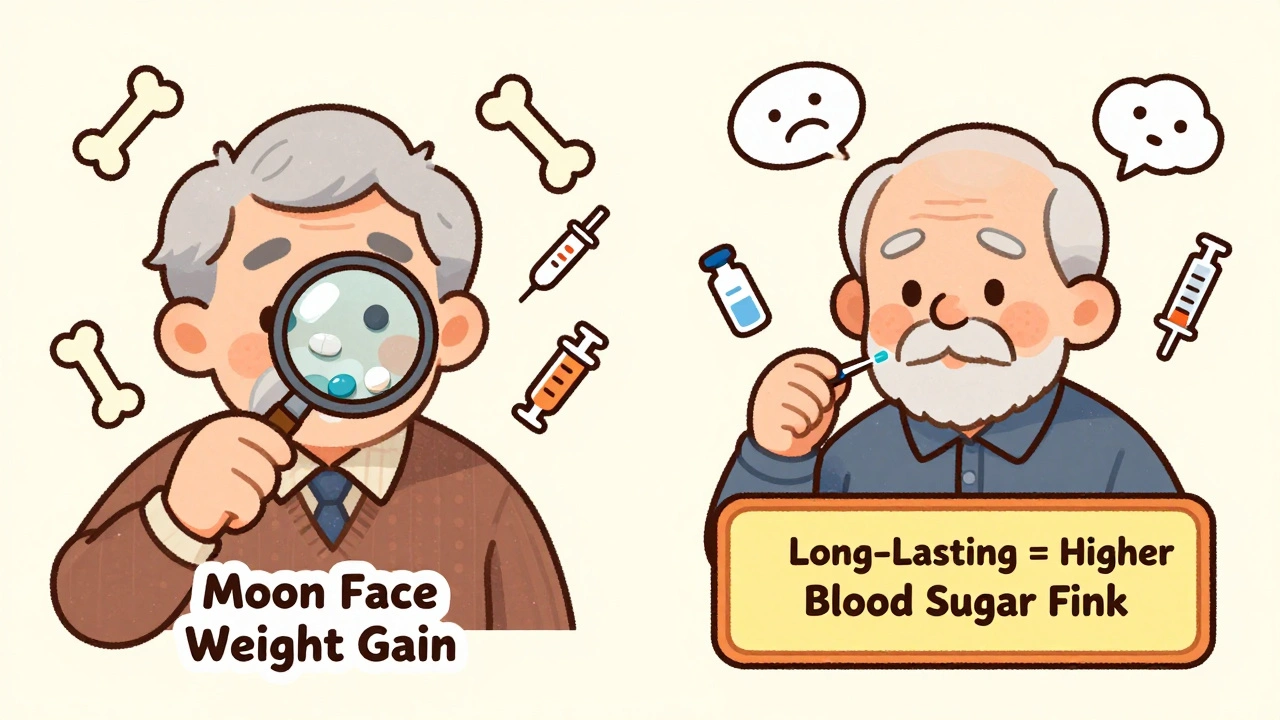 Two elderly patients show different side effects: one with moon face from prednisone, the other with blood sugar warning from dexamethasone.