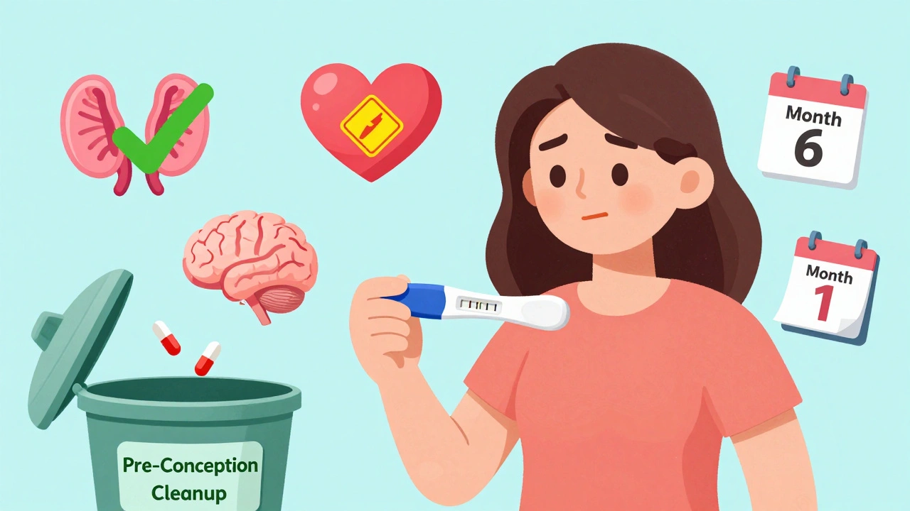 Woman celebrating safe pregnancy plan with symbols of health and cleared meds