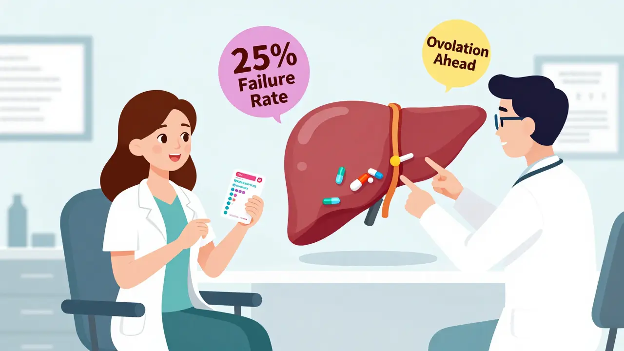 Woman in doctor's office with liver chewing birth control pills, cartoon illustration