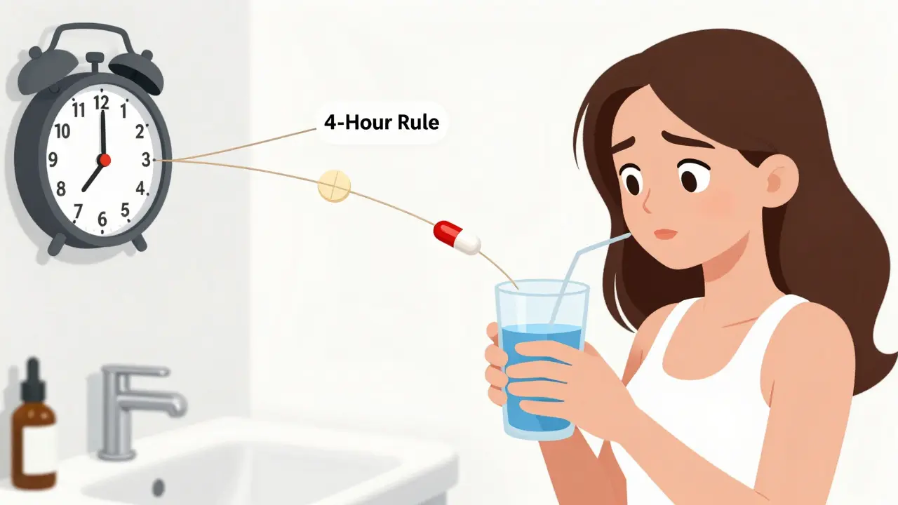 Woman taking thyroid medicine while calcium and iron interfere behind her.