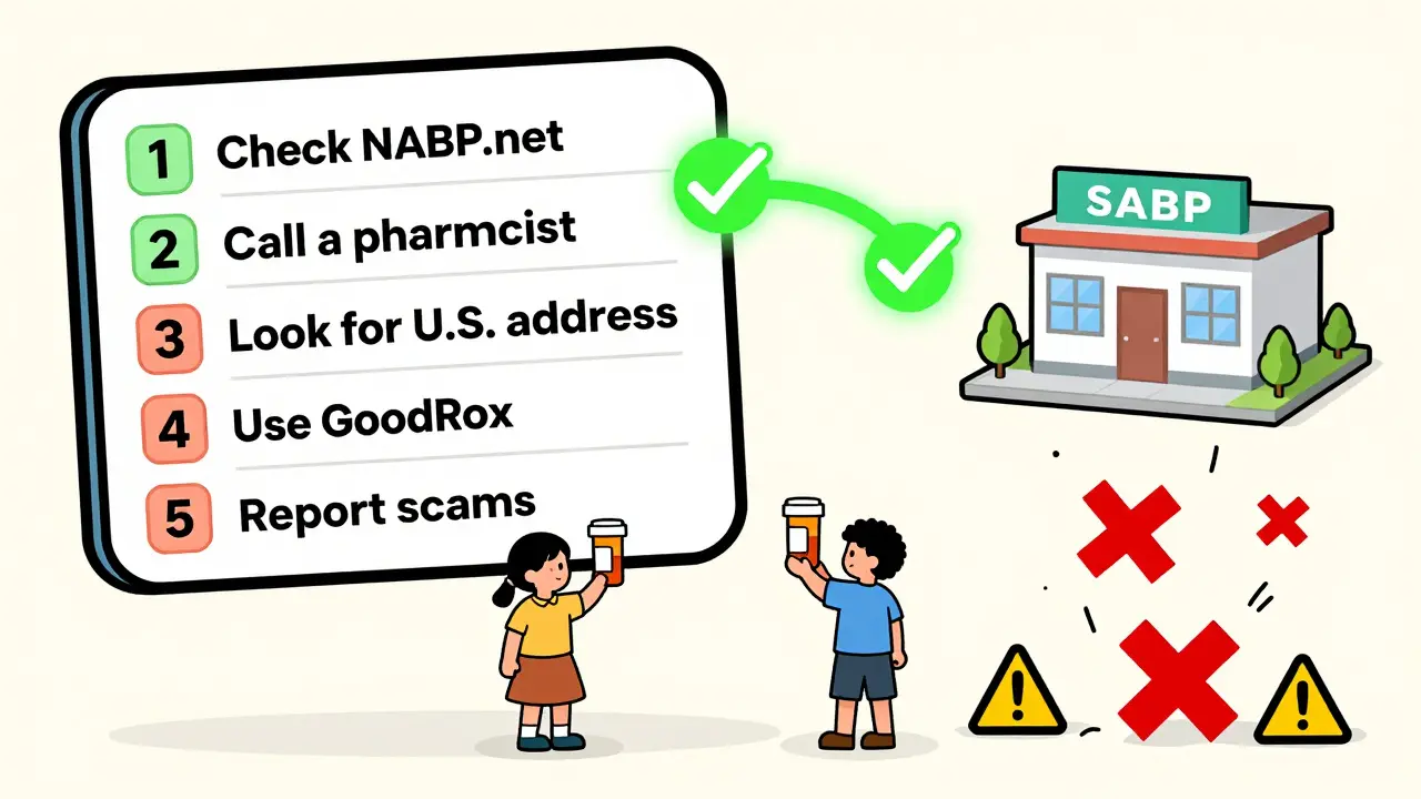 A family following a 5-step checklist to safely buy medications online.
