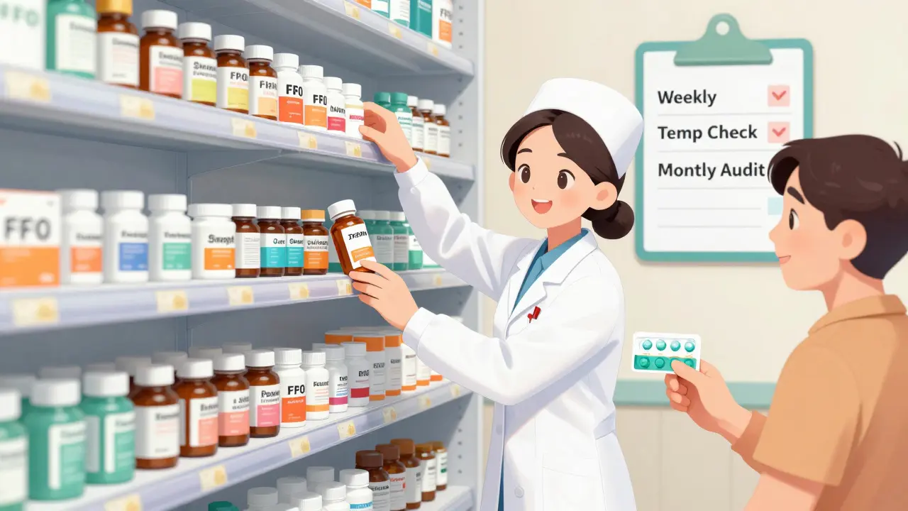 A nurse organizing pills by expiration date using FIFO method in a clinic, with a small prescription in hand.