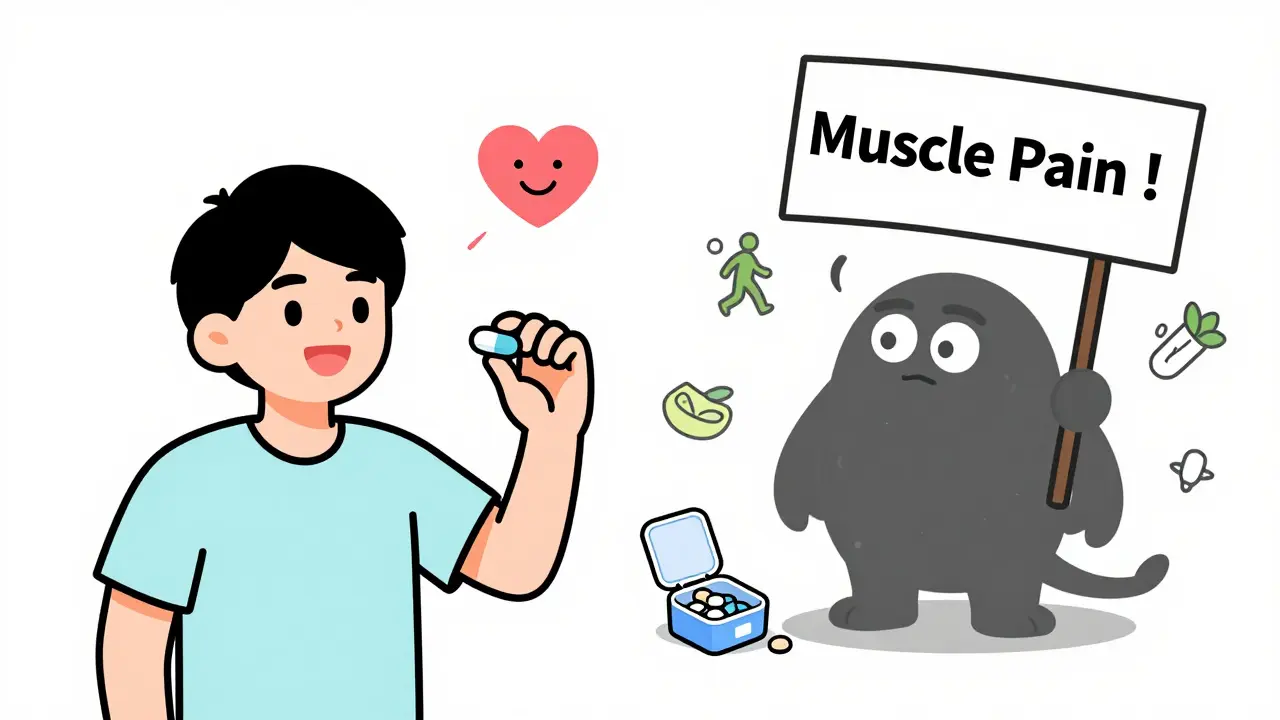 A person takes a statin pill happily while a fear monster shrinks away, surrounded by healthy lifestyle icons.