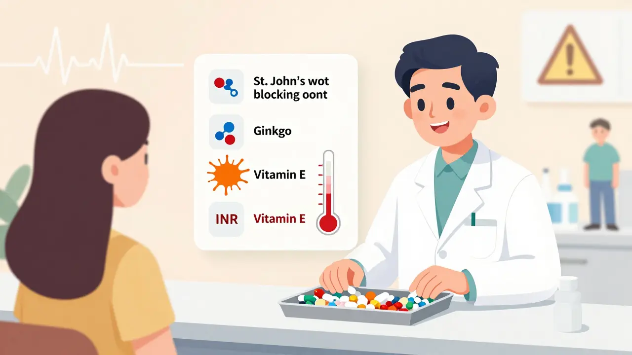 A pharmacist checking supplements and drugs with visual interaction warnings floating above.