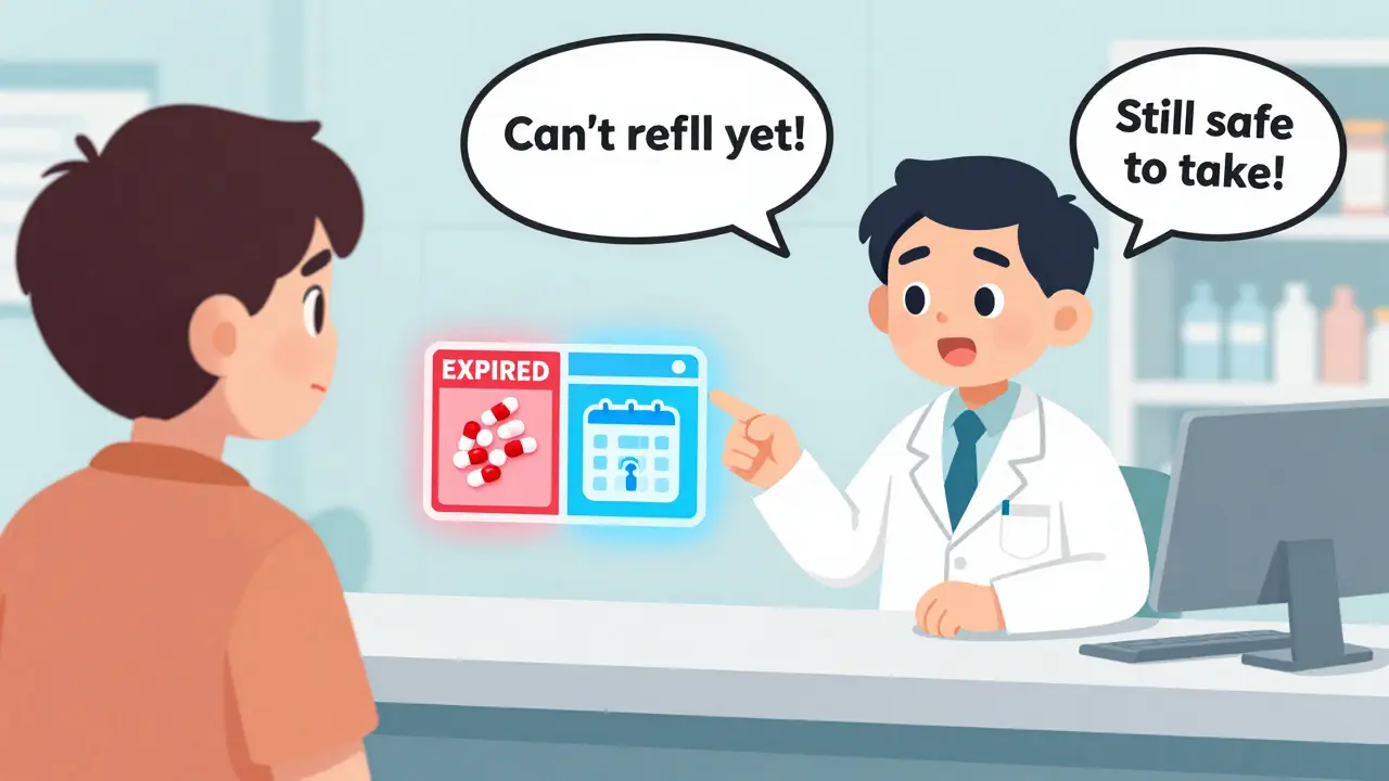 A pharmacist explains prescription dates to a puzzled patient at a pharmacy counter.