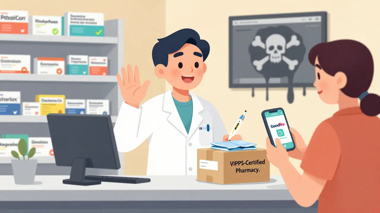 A pharmacist holding a cold-shipped medication box beside a customer using GoodRx app.