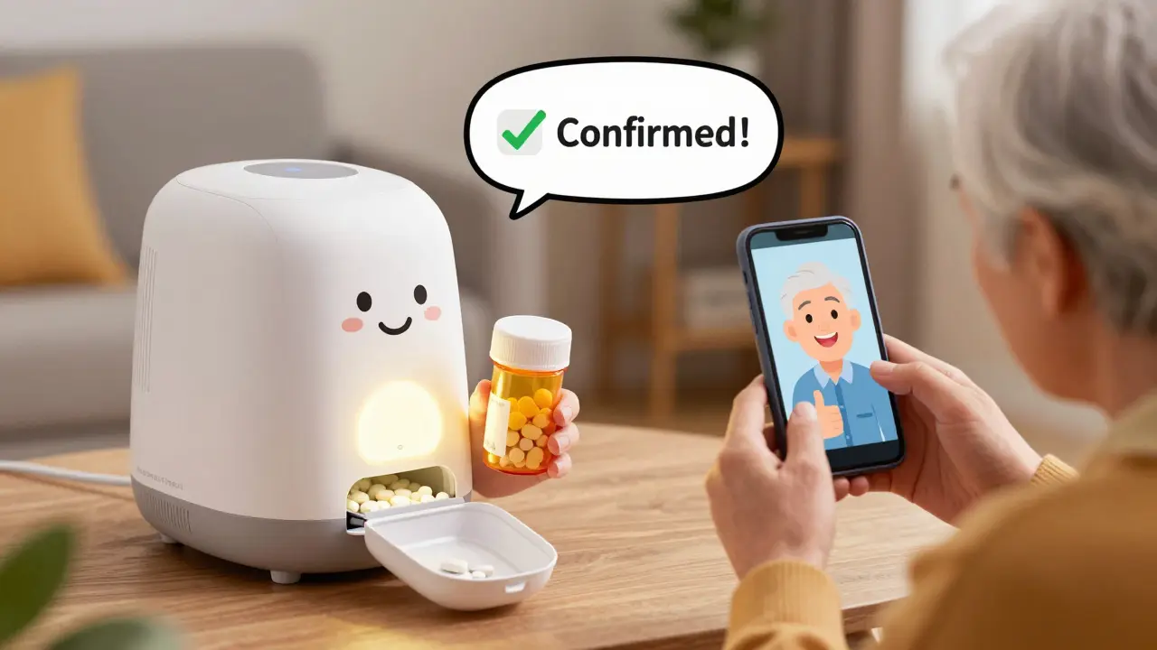 A senior taking a photo of an empty pill bottle with a smart dispenser glowing nearby, caregiver smiling on phone.