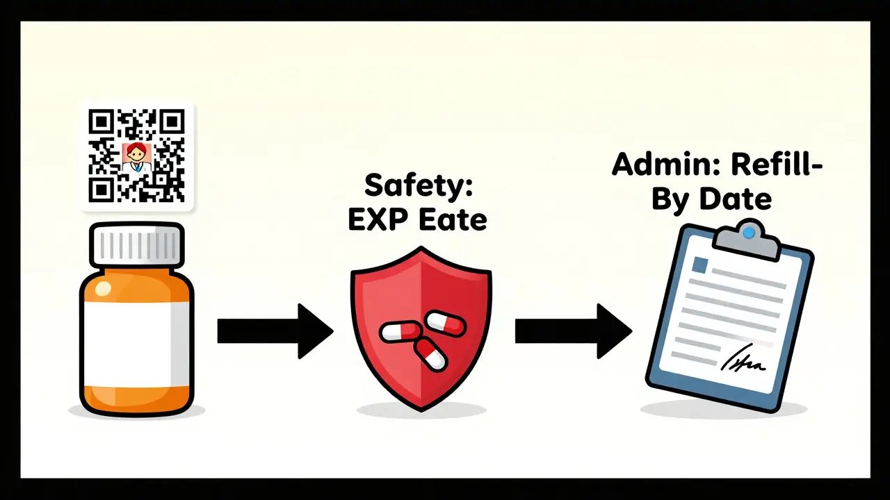 A timeline cartoon shows the difference between expiration and refill-by dates with safety and admin icons.