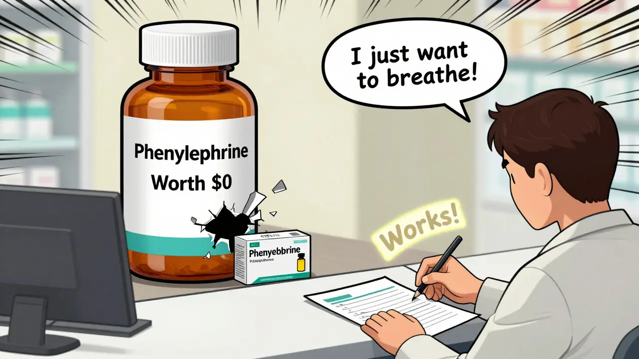 Adult getting pseudoephedrine from pharmacist while phenylephrine bottle crumbles in background.