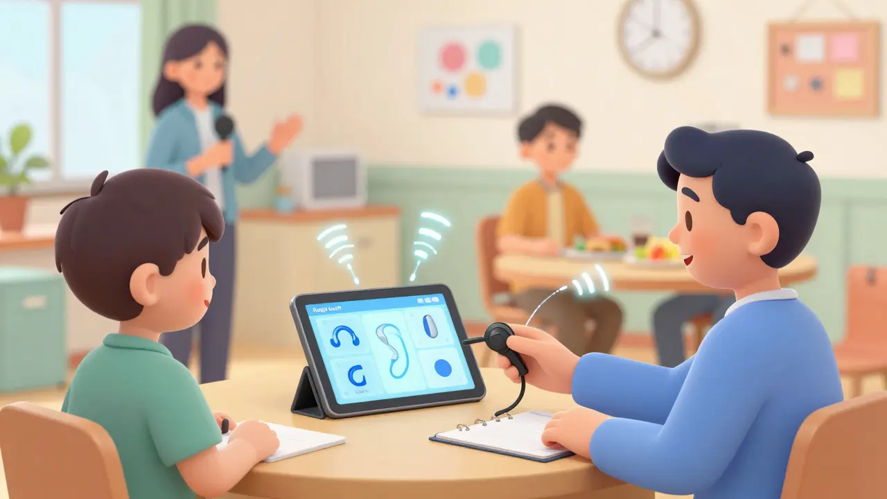 An audiologist demonstrates a remote microphone system to a patient, with visual connections to hearing aids in classroom and dinner settings.