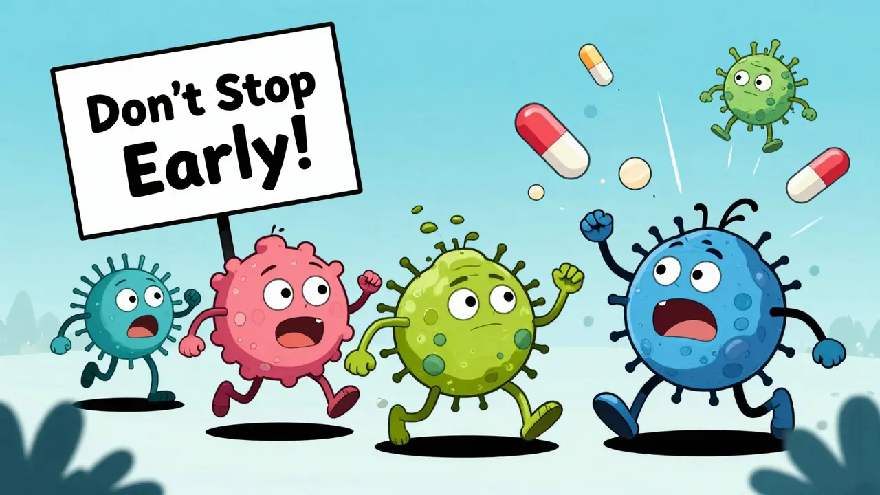 Cartoon bacteria flee from antibiotics, with strong ones surviving as a warning sign reads 'Don't Stop Early!'