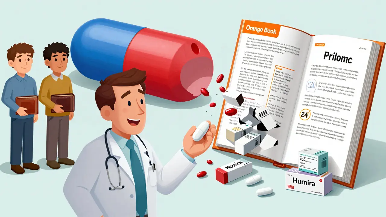 Cartoon of a doctor receiving a new branded pill while an old one crumbles, surrounded by patent documents.