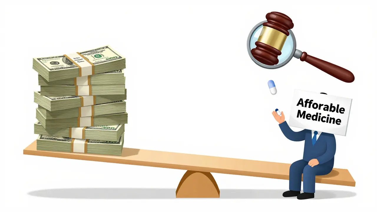 Cartoon seesaw with big pharma profits outweighing a patient holding a generic pill.