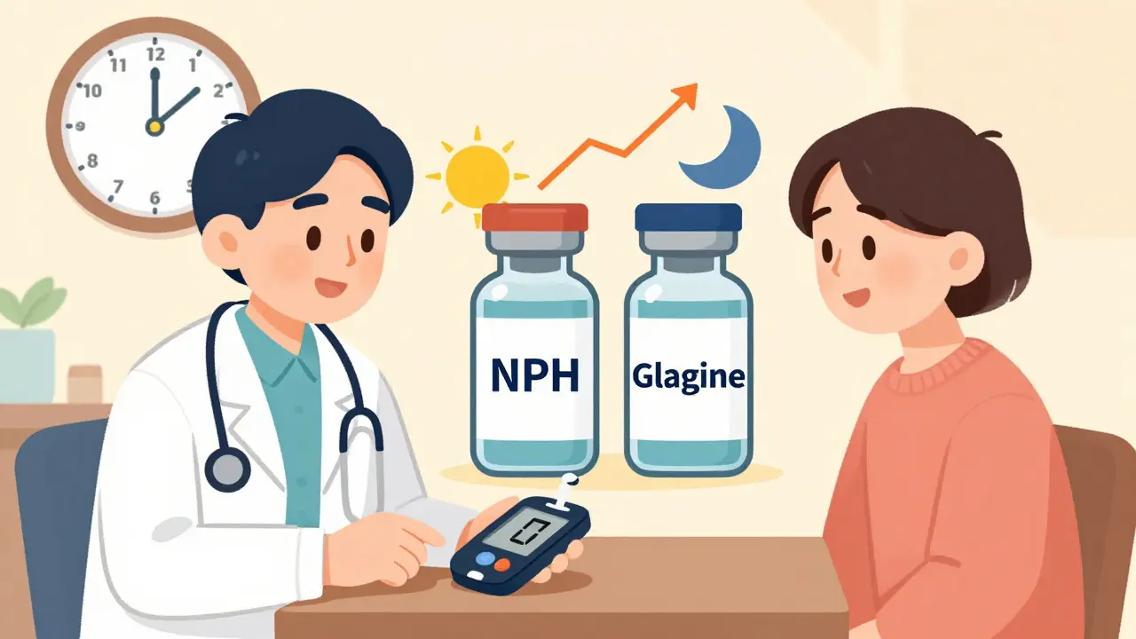 Cartoon showing insulin types matched to steroid timing with clock and medical icons.
